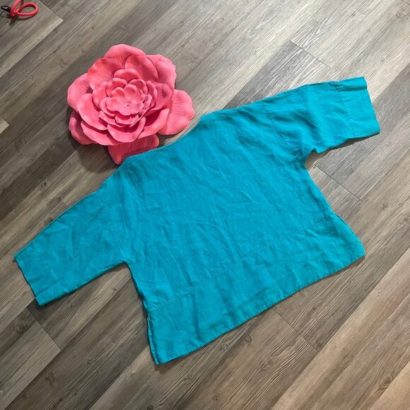 BRYN WALKER Sz L Blue 100% Linen Oversized Boho Lagenlook Tunic Top Side Buttons - Picture 4 of 9